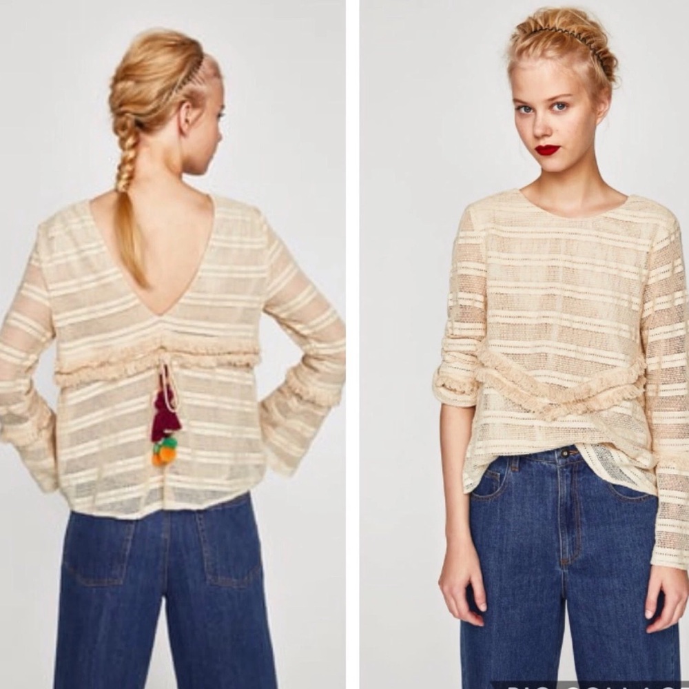 Zara Long Sleeve Fringed Top Ecru Size large